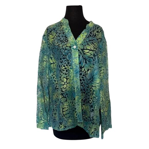 Ruby Rd. Tops - Ruby Rd. Blue and Green Sheer Metallic Button Up - 18W